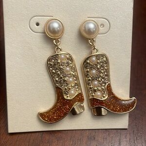 Unbranded Rhinestone Faux Pearl Gold and Brown Cowboy Boot  Earrings New
